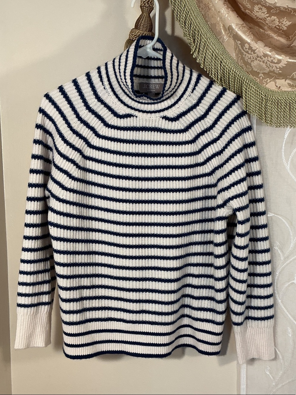 J. Crew 100% Cashmere Stripped Turtleneck Sweater Navy & White Sz XXS Fits S/M